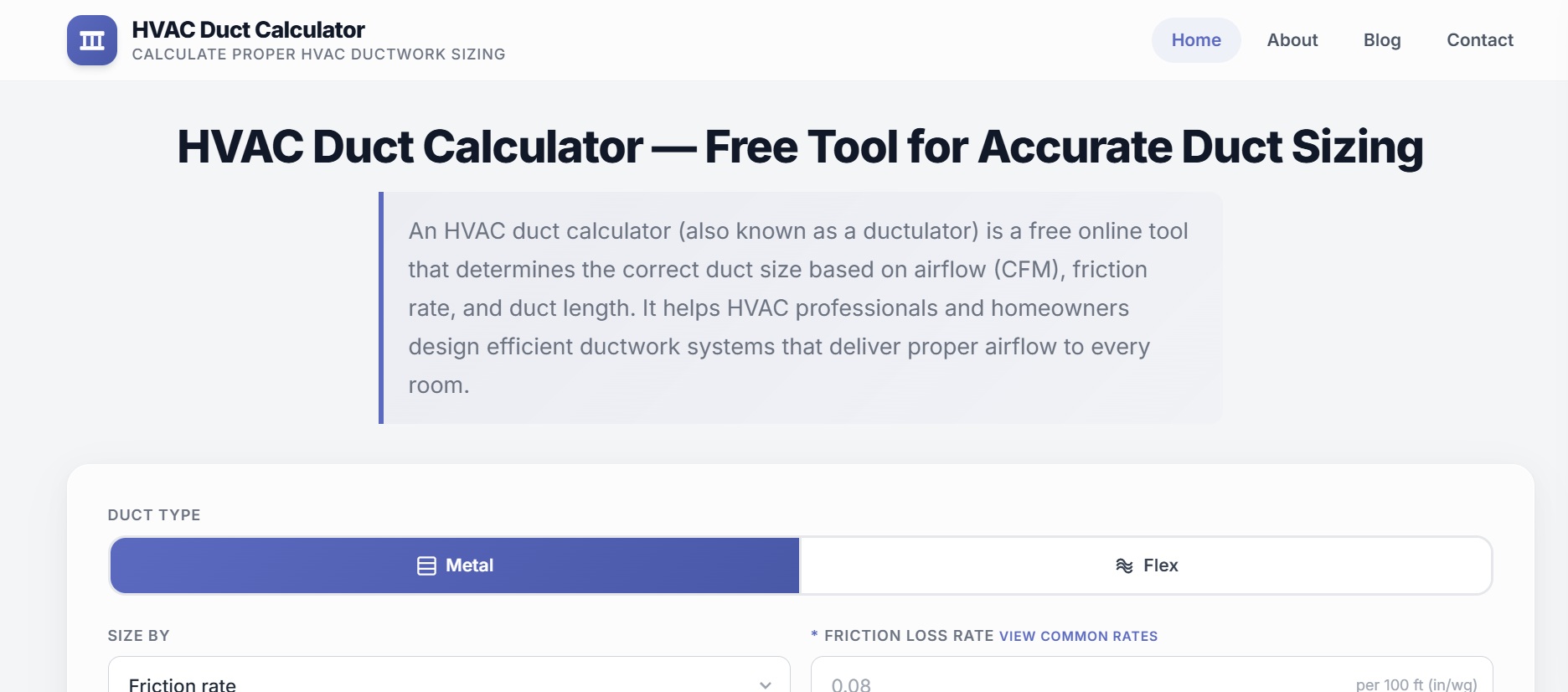 HVAC Duct Calculator — Interactive Engineering Sizing Tool & SEO Asset case study for Engineering Web Asset